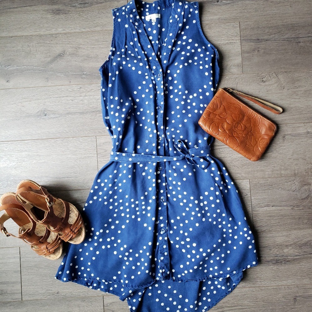 Navy and White Polka Dot Dress with Tie Belt